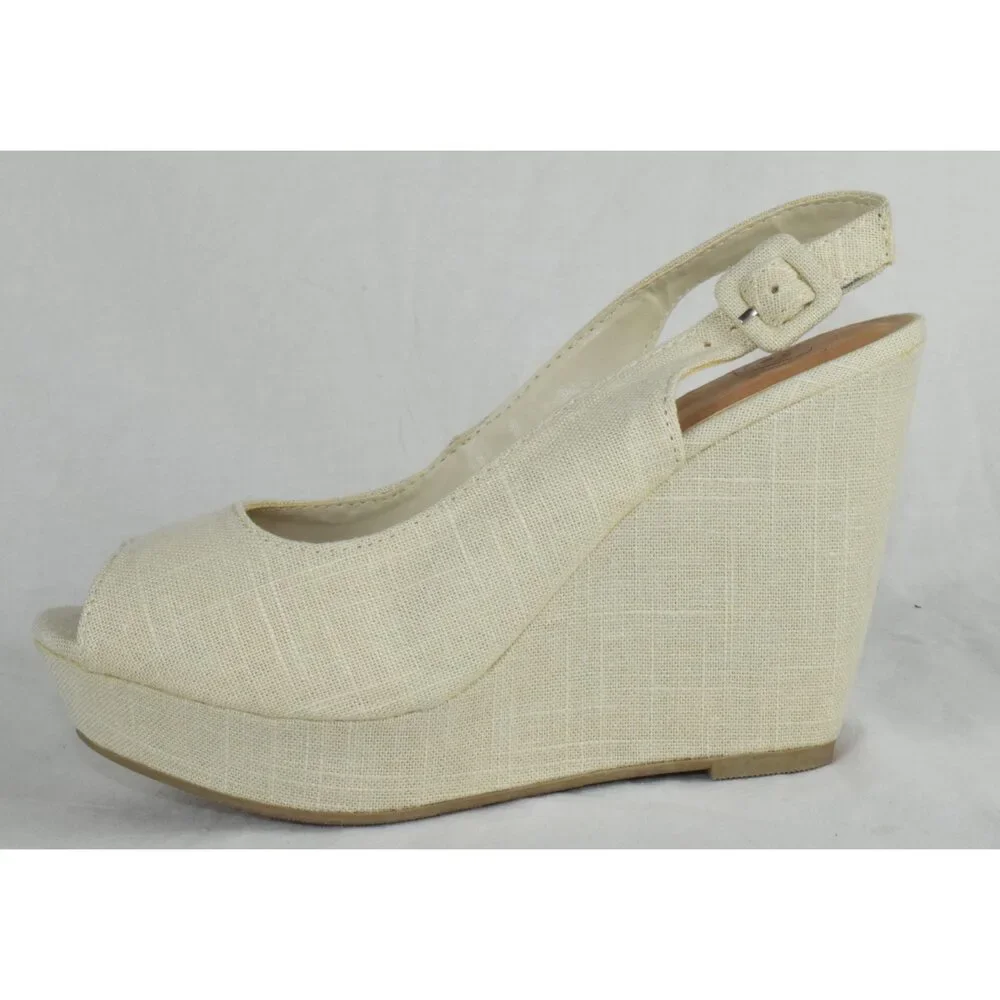 Soda Women Ankle Strap High Heels Wedge Platform Open Toe Canvas Beige Khaki New